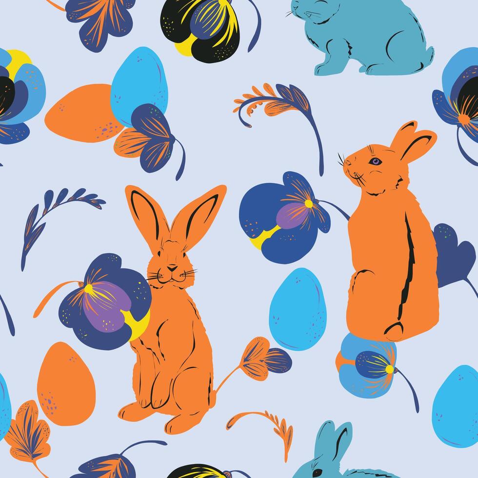 a pattern with rabbits and flowers on a blue background vector