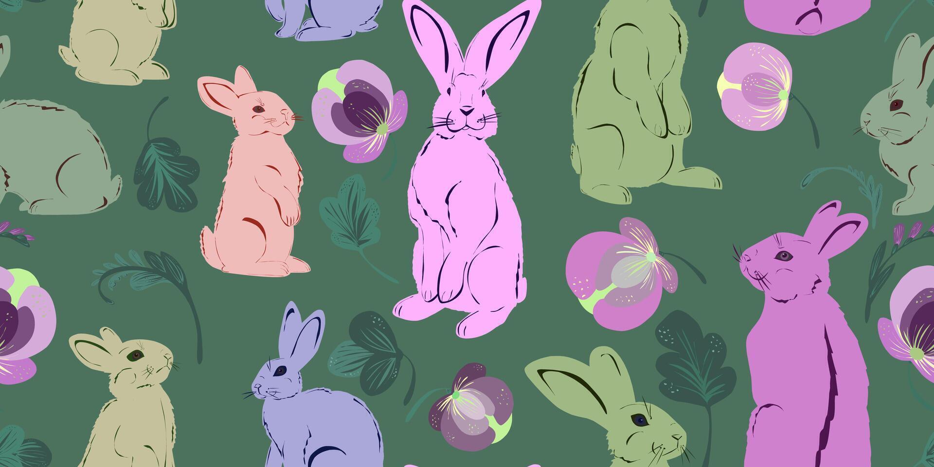 a pattern with rabbits and flowers on a green background vector