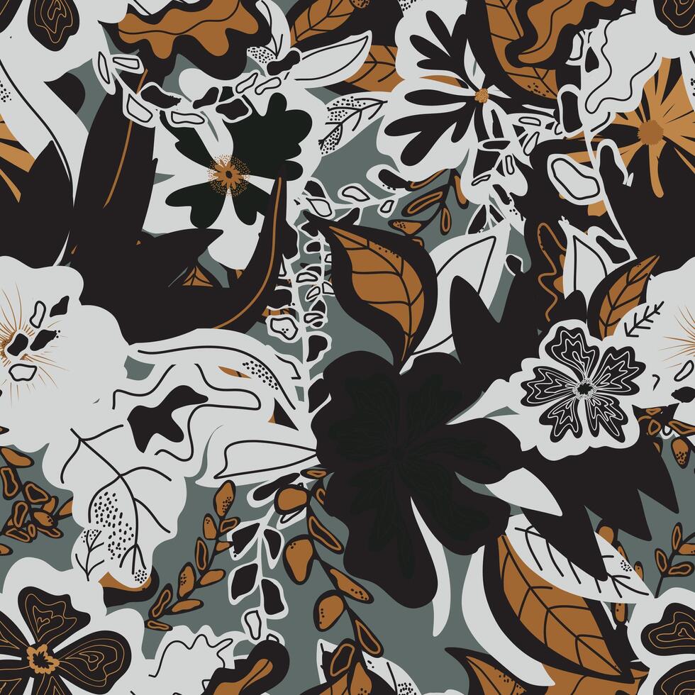 a pattern with black, white and brown flowers vector