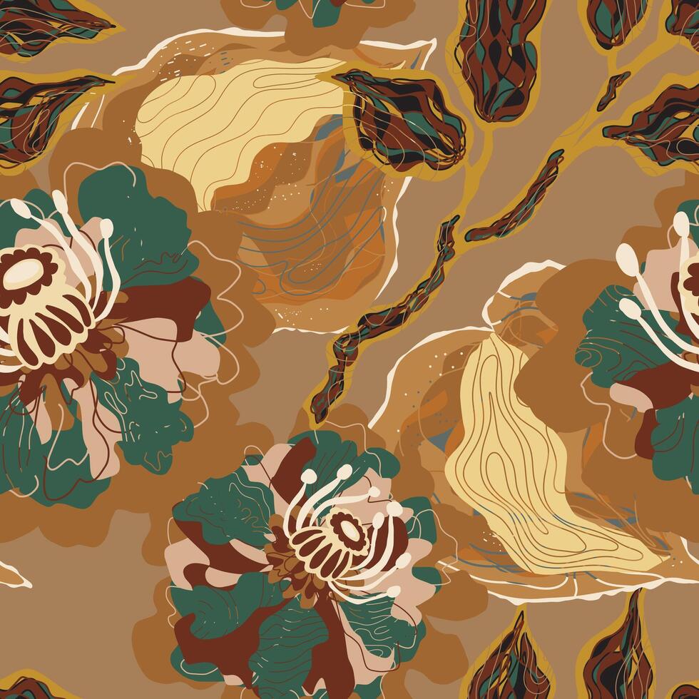 a floral pattern with brown and green leaves vector