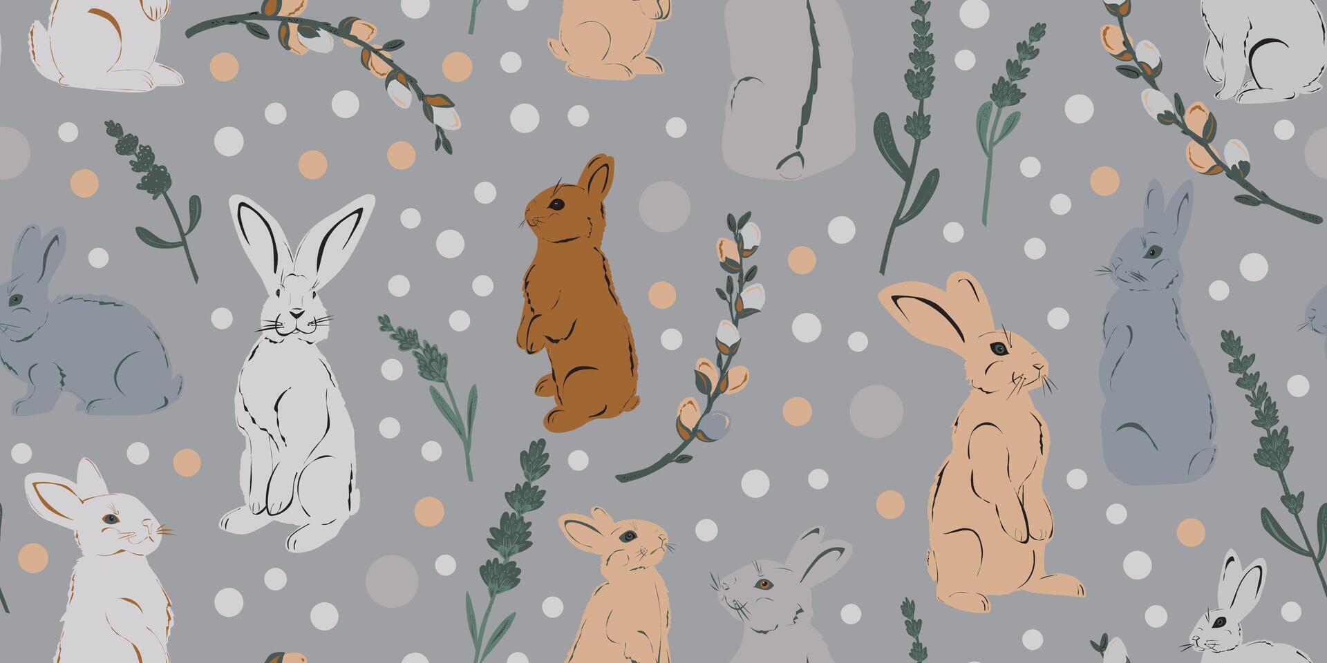 a pattern with rabbits and plants on a gray background vector