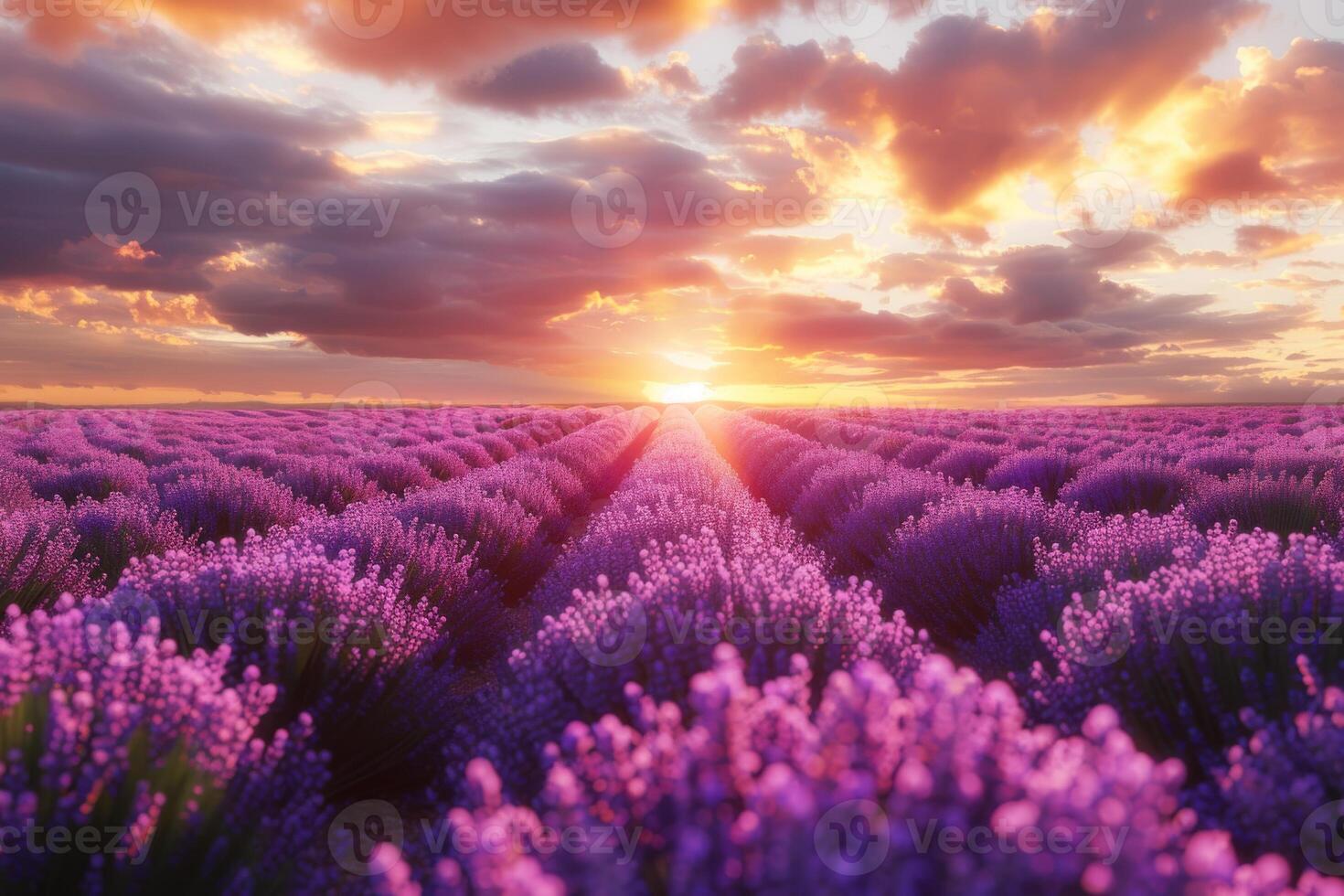 The sunset spectacularly behind a vibrant field of lavender flower farm with golden light casting a warm glow over the purple blossom and aromatic scented photo