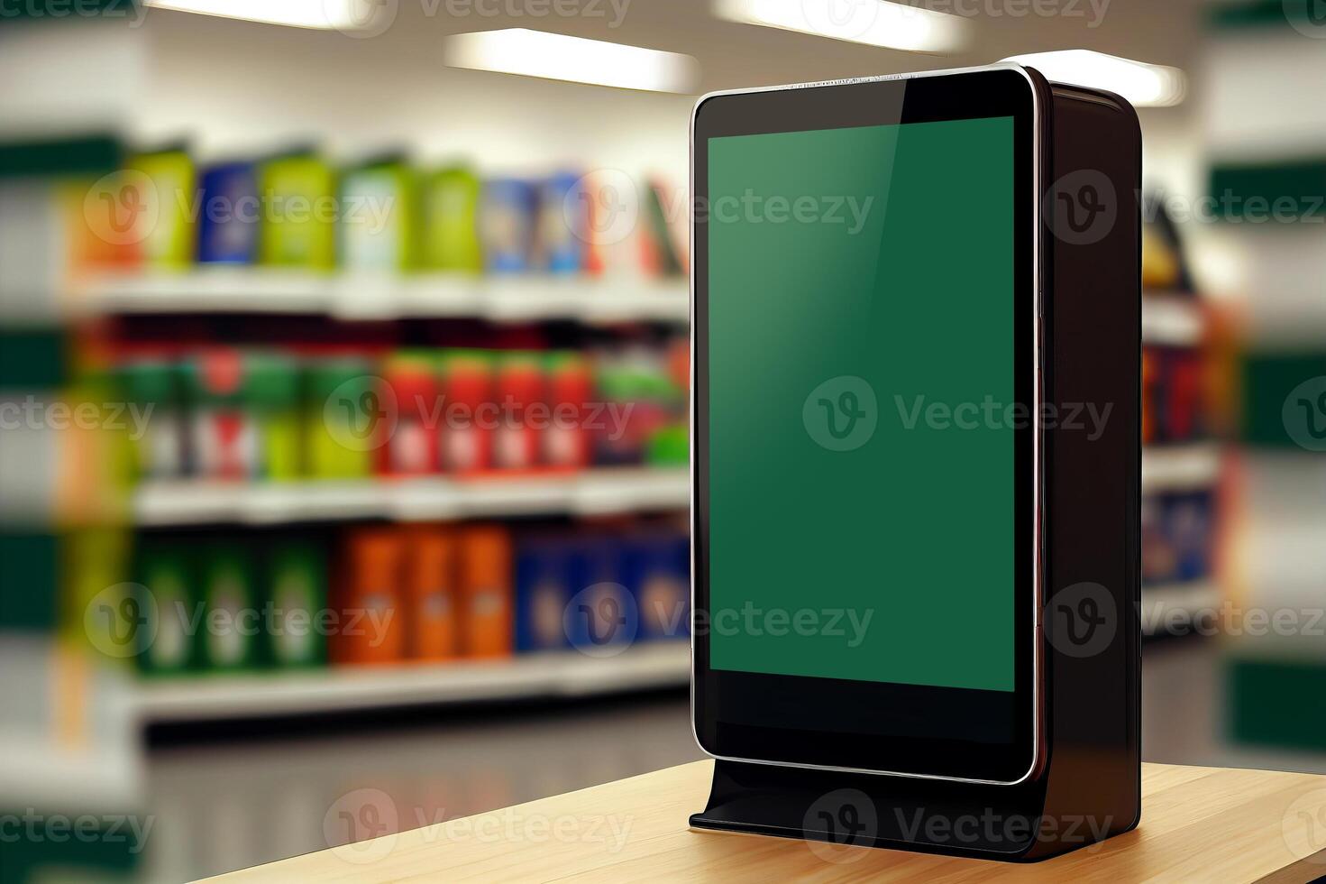 Digital screen vertical mockup on the cashier table for customer use credit card payment reader and check purchase order in a supermarket grocery background photo