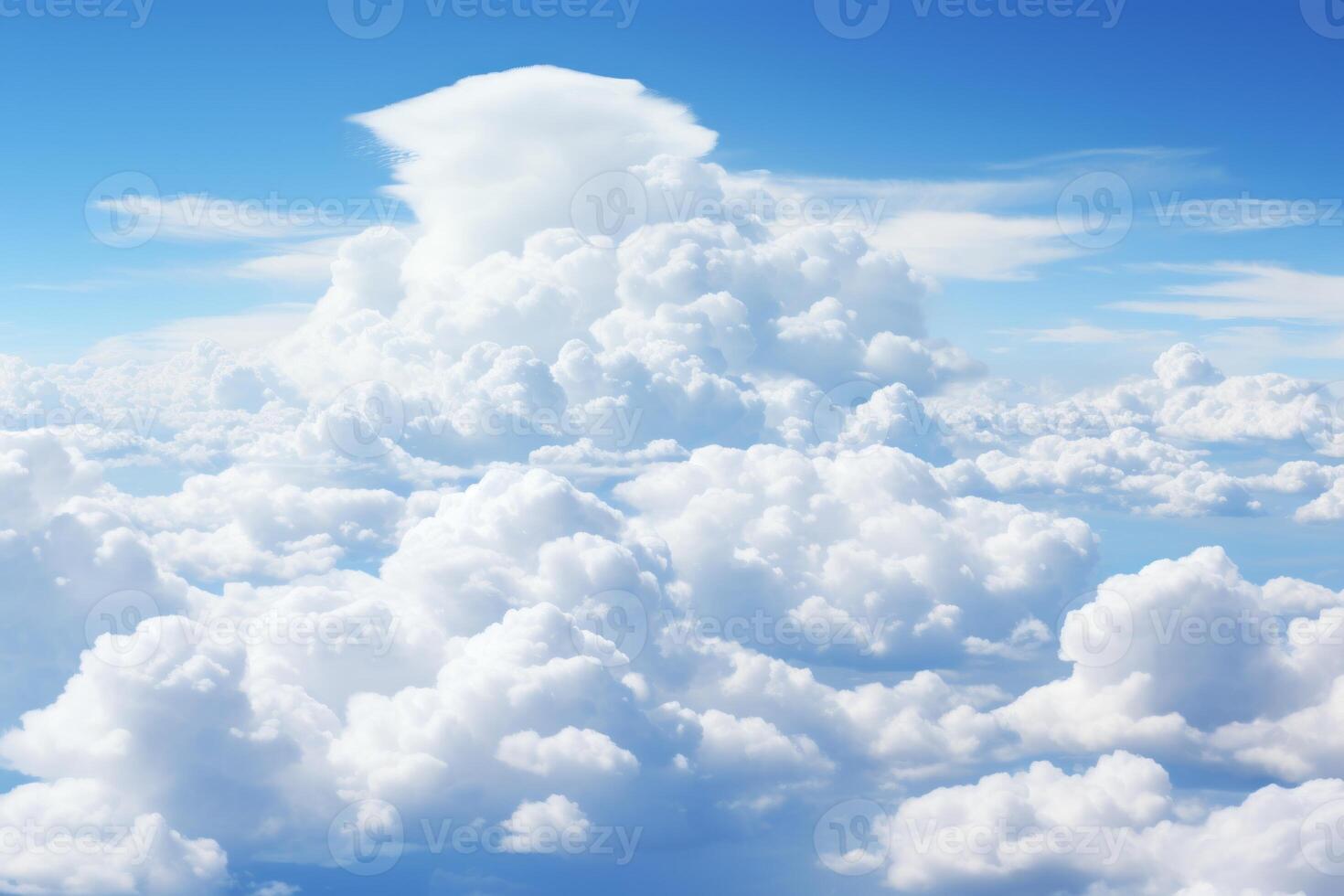 A tranquil capturing the serene beauty of fluffy white cumulus clouds scattered across a clear blue sky, embodying peacefulness and the vastness of nature skyscape horizon photo