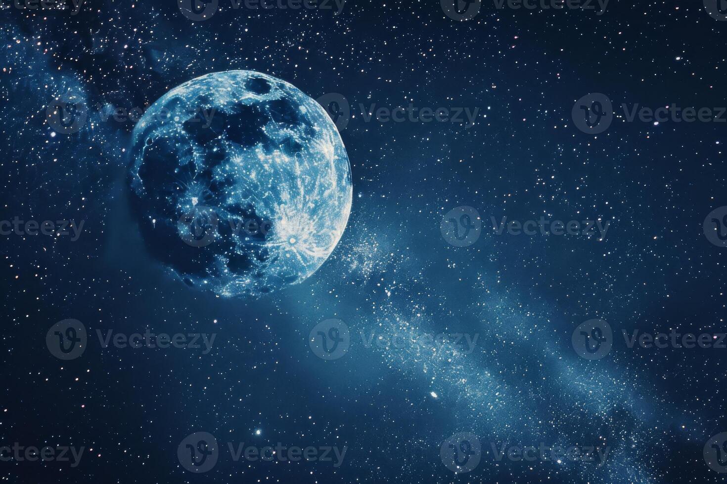 A radiant full moon bright and shine brilliantly against the backdrop of a star studded night sky with milky way evoking the vastness of the universe photo
