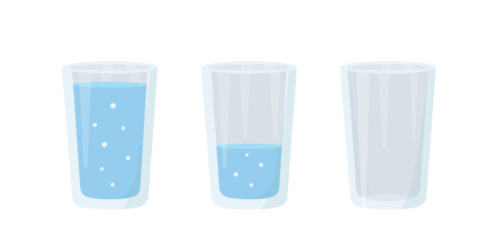 Glasses for drinks. Glass full of water, half filled and empty glass. vector