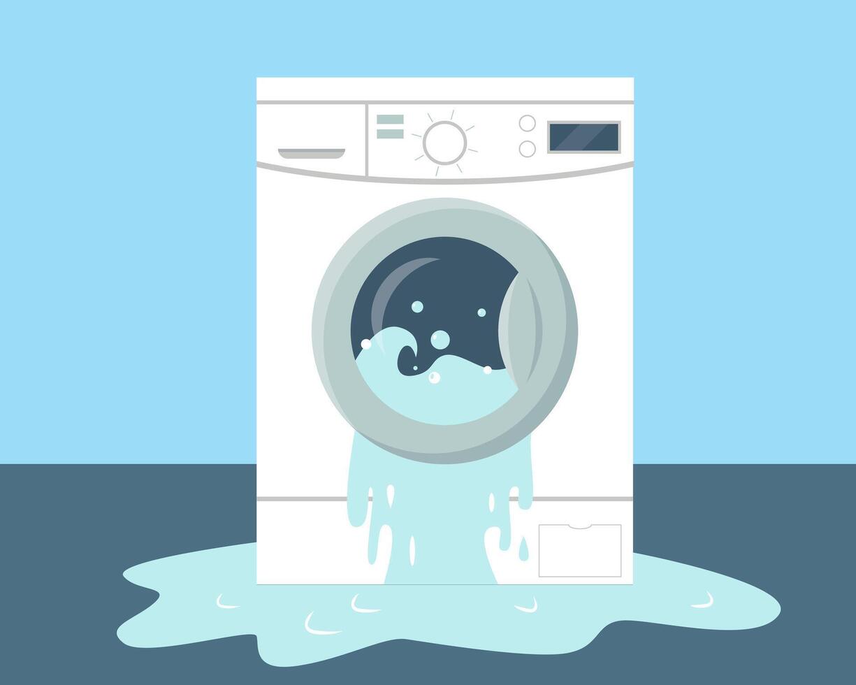 Broken washing machine and water on the floor vector