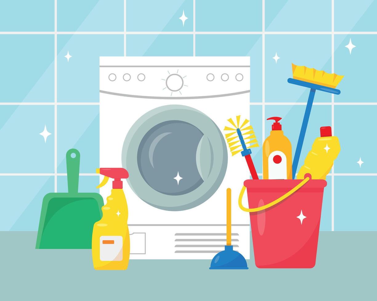 Cleaning service concept. House cleaning products and tools. Detergent and disinfectant products, household equipment and washing machine. vector