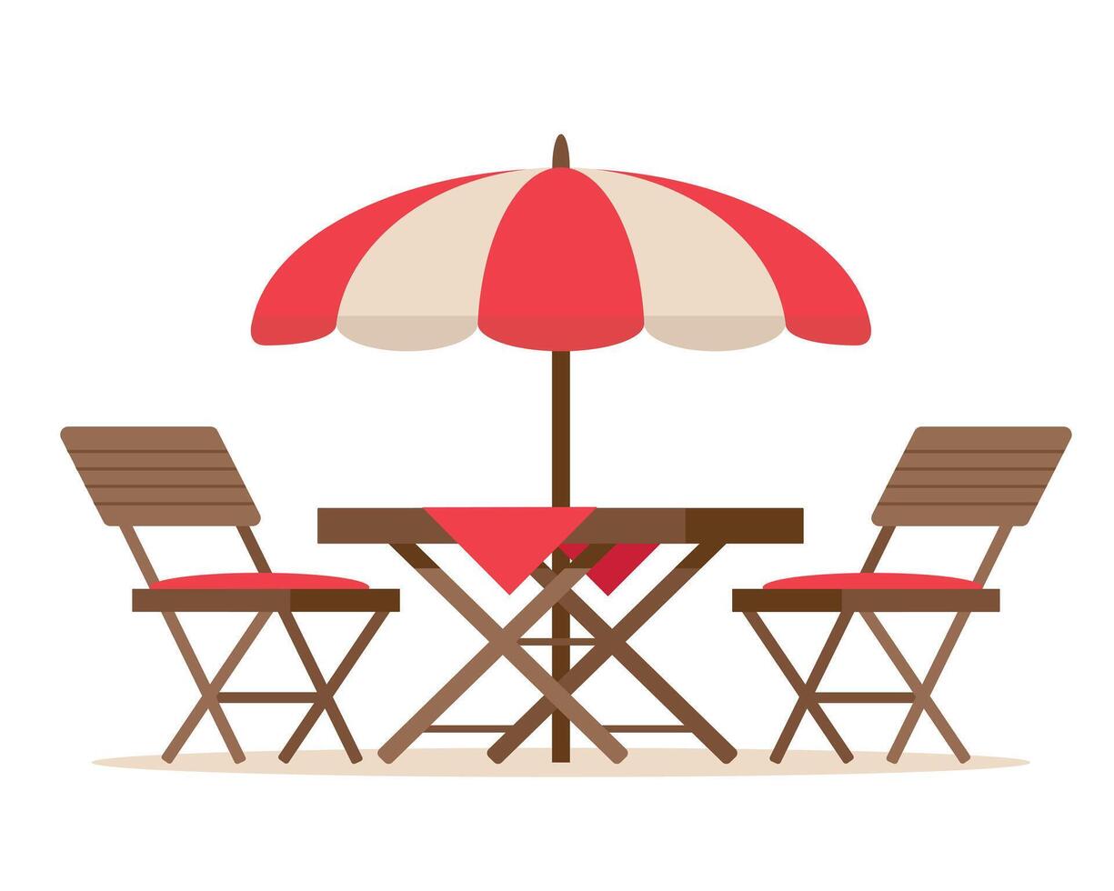 Furniture for summer patio holiday. Restaurant or cafe wooden table with chairs and beach umbrella. vector
