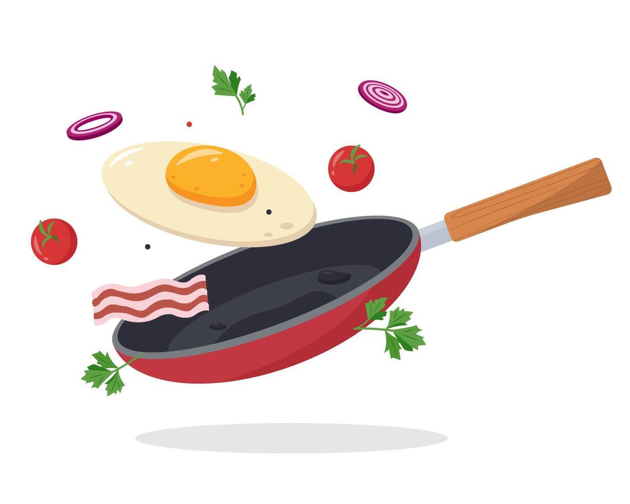 Frying pan with Fried egg, bacon, tomatoes, parsley leaves and spices. Cooked fried eggs meal for breakfast. vector