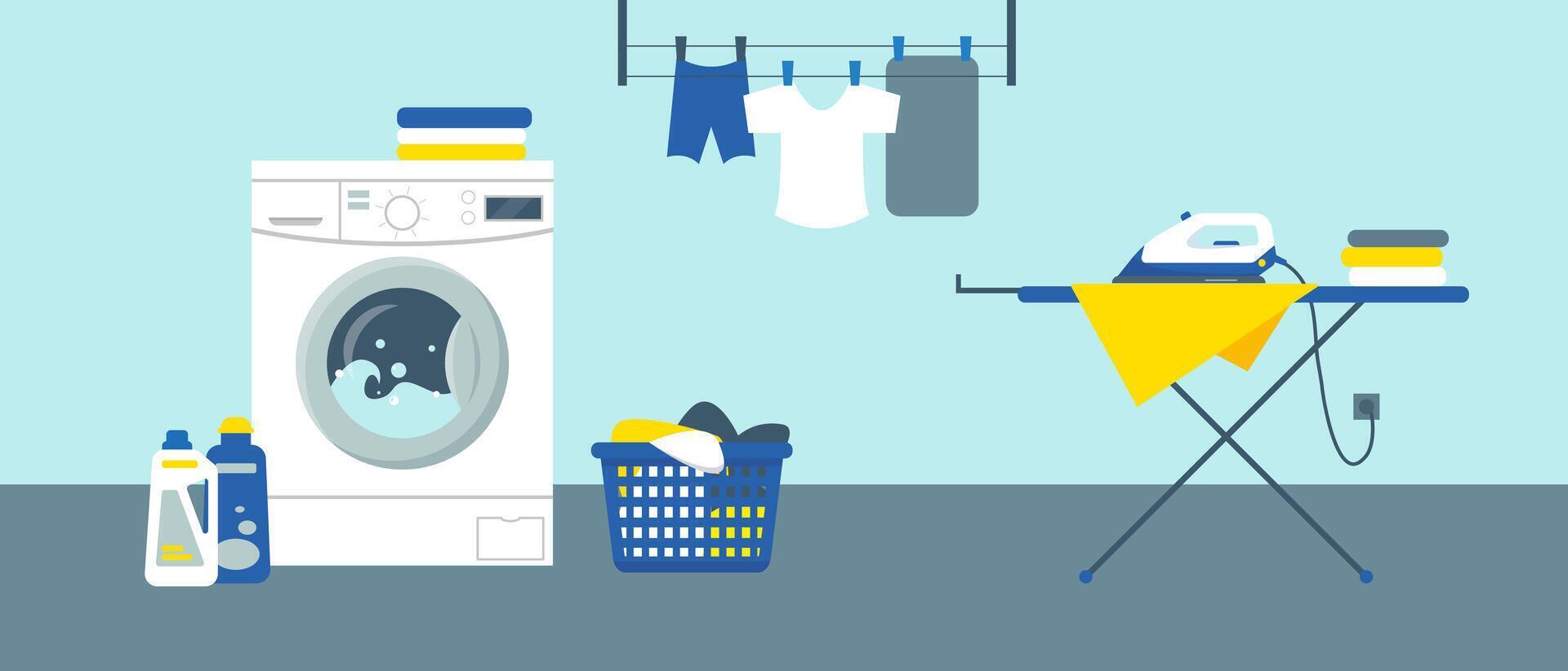 Washing machine with cleanser, iron on ironing board and clean clothes. Laundry service room. vector