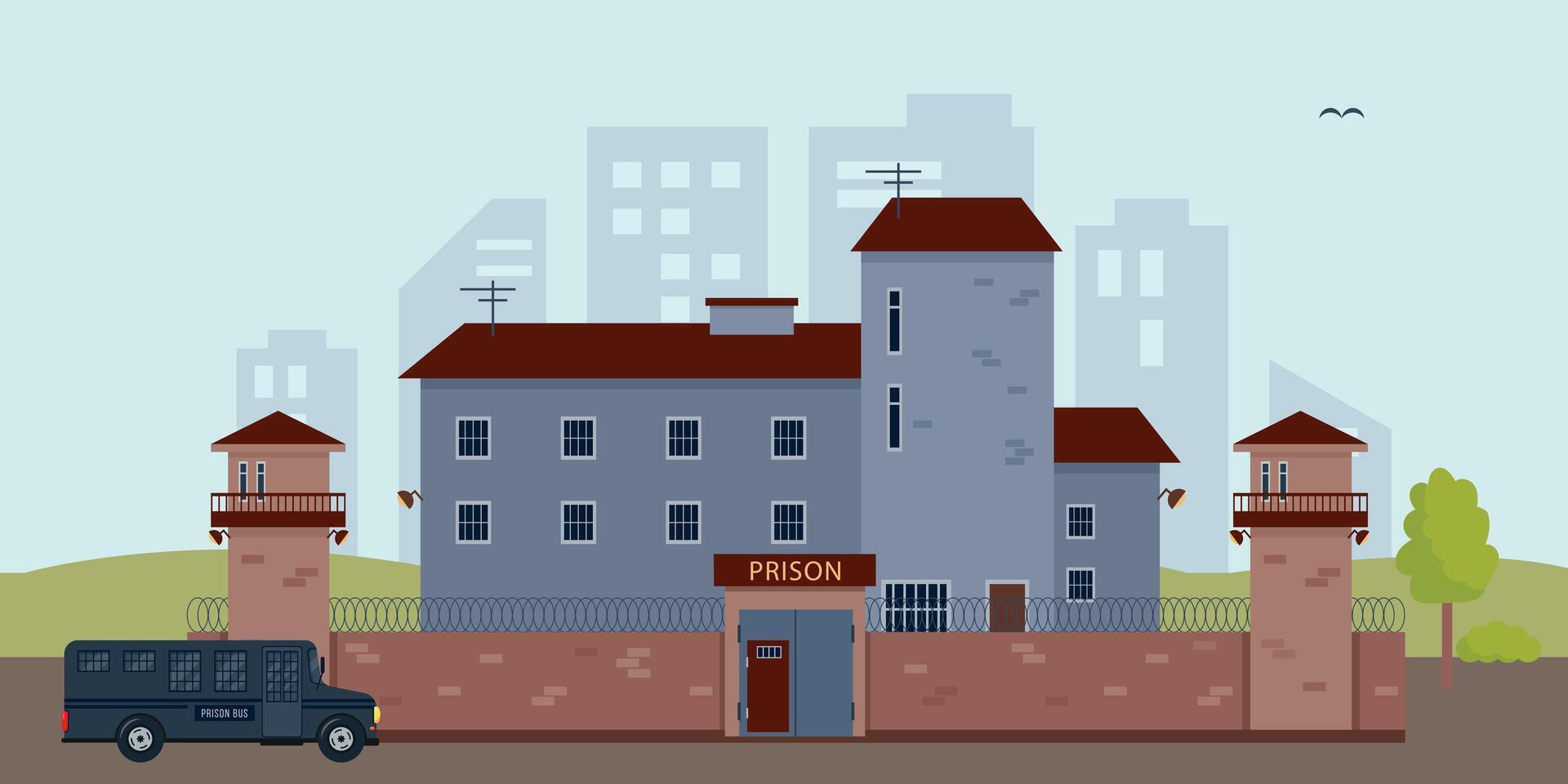 Prison building and bus near city houses. Jail and prison fasade with tower and fence. Criminal and punishment for crimes concept. vector