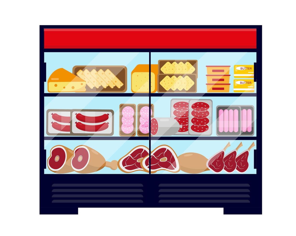 Big showcase refrigerator full of food vector