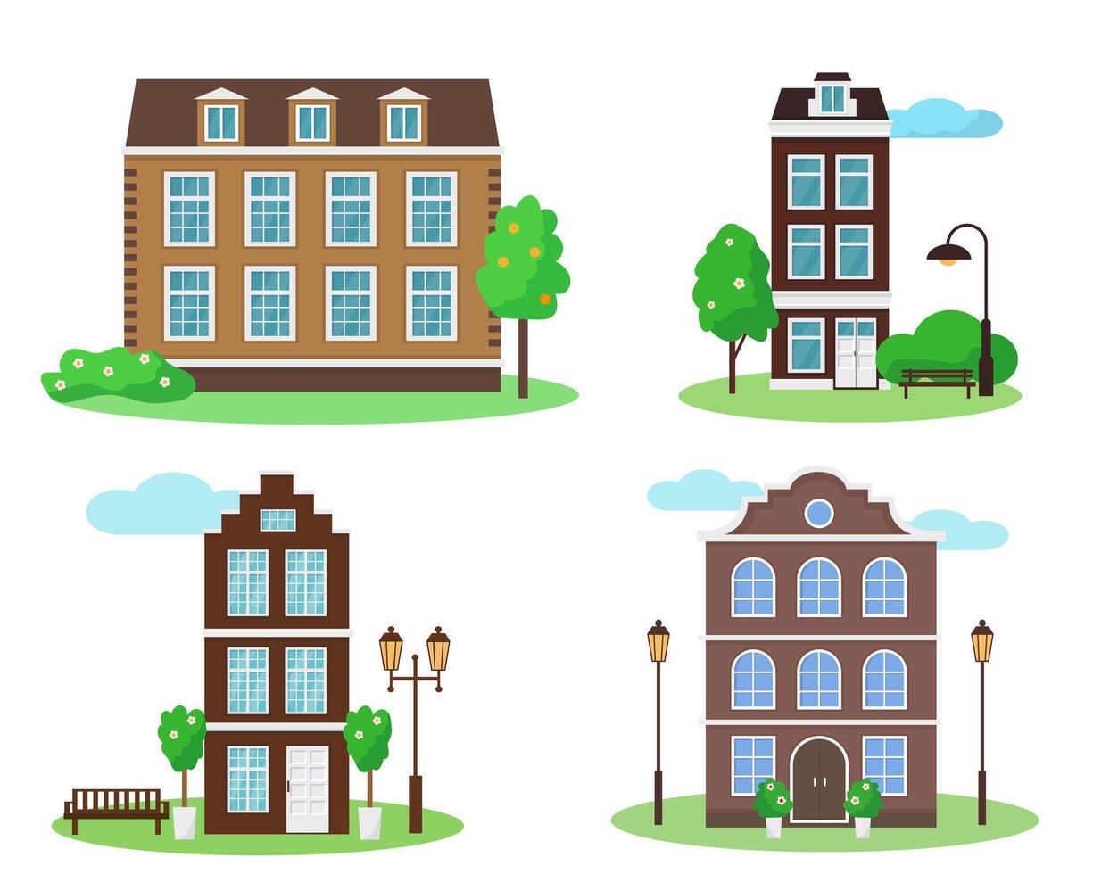 Set of old style houses with trees and benches on white background. City or town elements. vector