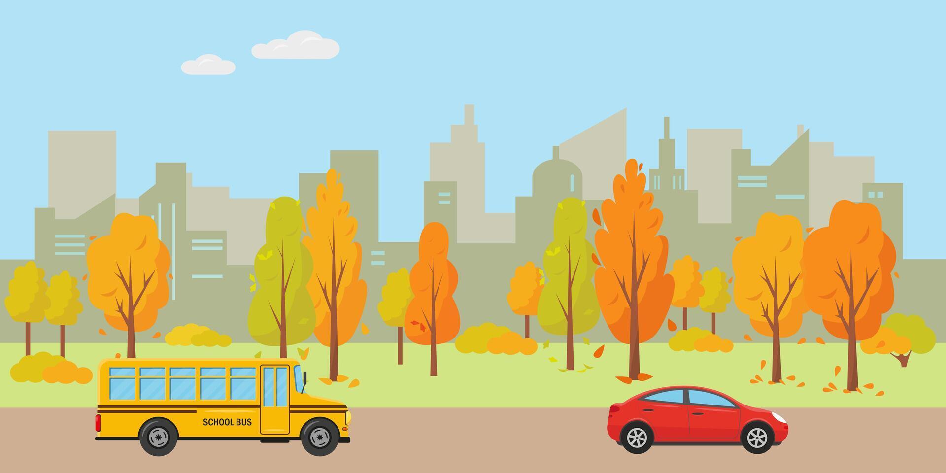 otoño en el ciudad. paisaje urbano con rascacielos, árboles, coche y autobús escolar en el calle. vector