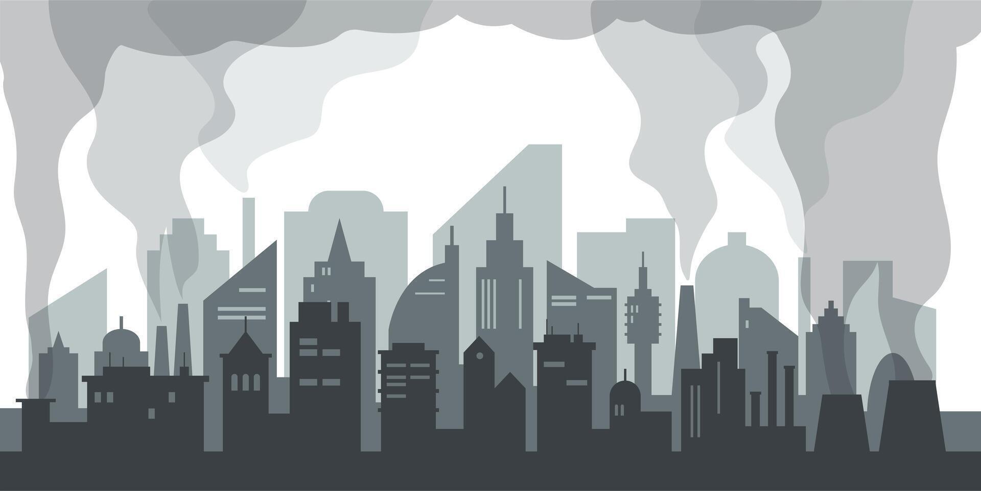 Air pollution problem in big city. Silhouette of modern city with skyscrapers, factories and plants. Pollution of cities concept. Urban landscape. vector