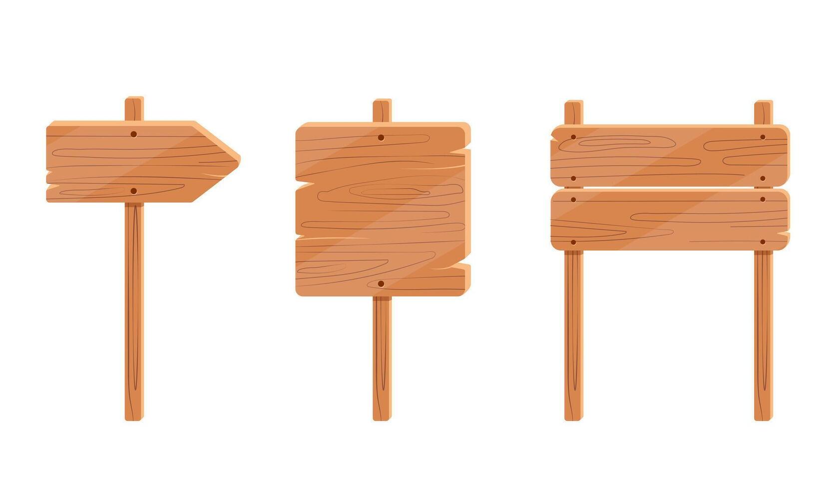 Wooden sign boards. Realistic blank plaques, billboards, signposts and pointers set for road. vector