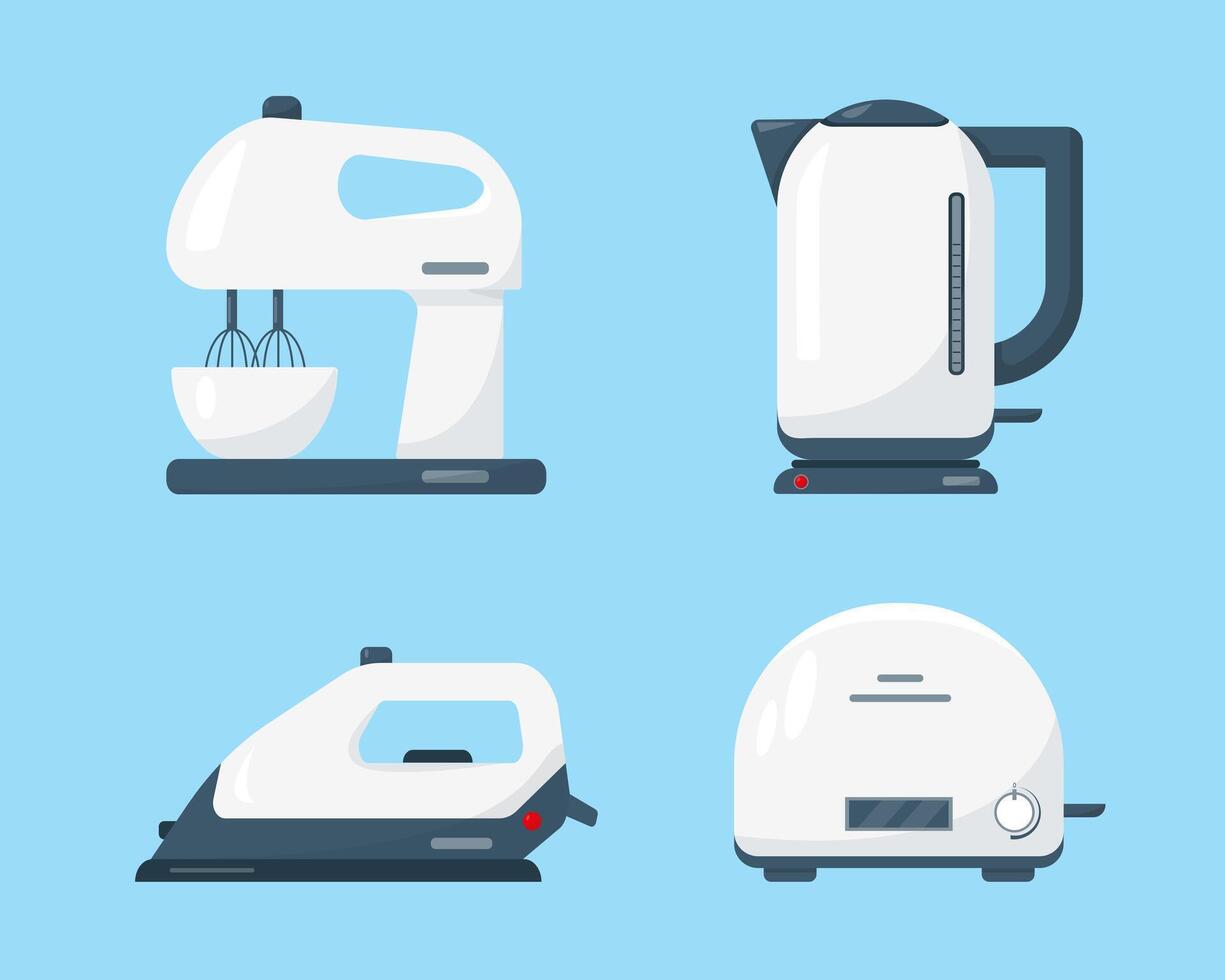 Household appliances icon isolated on blue background. White mixer, kettle, iron and toaster. vector