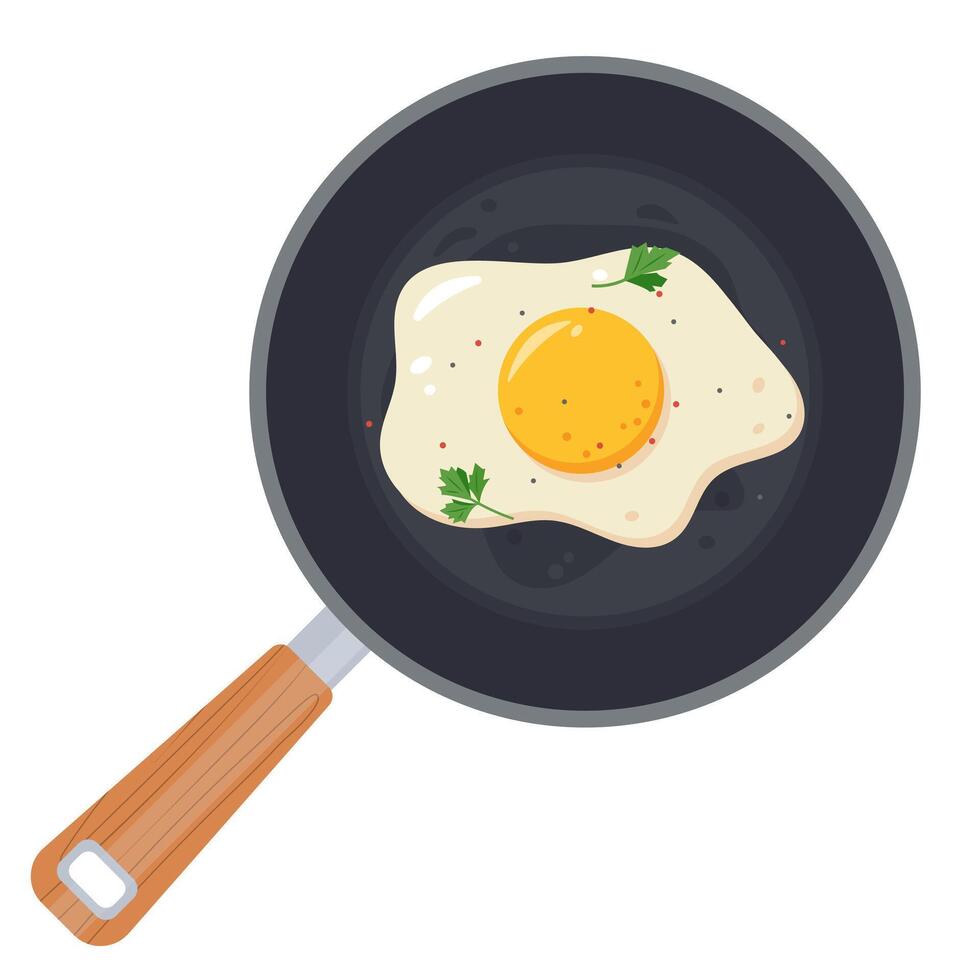 Fried egg with parsley leaves and spices on frying pan. Cooked fried eggs meal. Healthy organic food for breakfast. vector