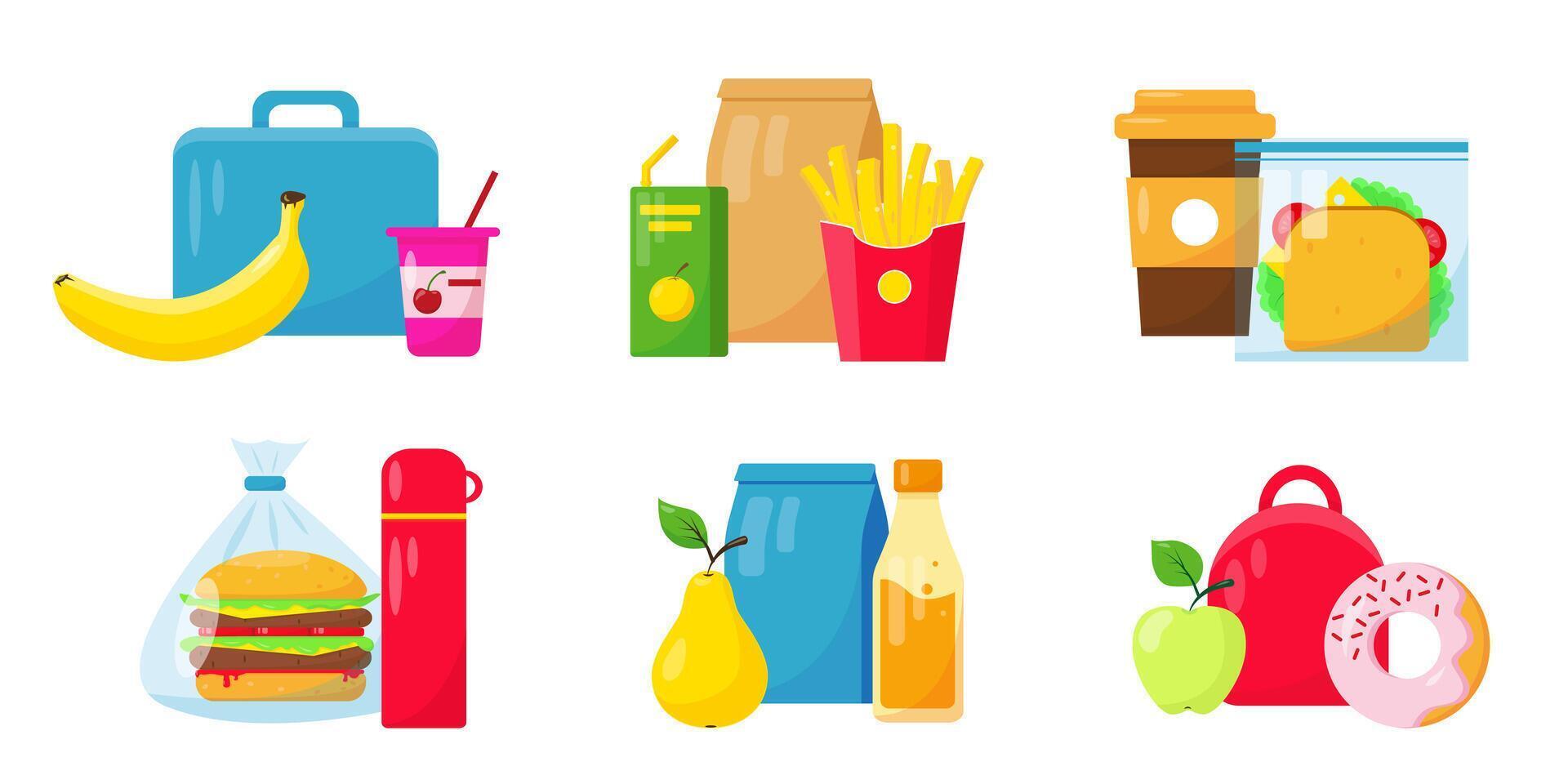 School lunch food collection on white background. Lunch boxes set. vector