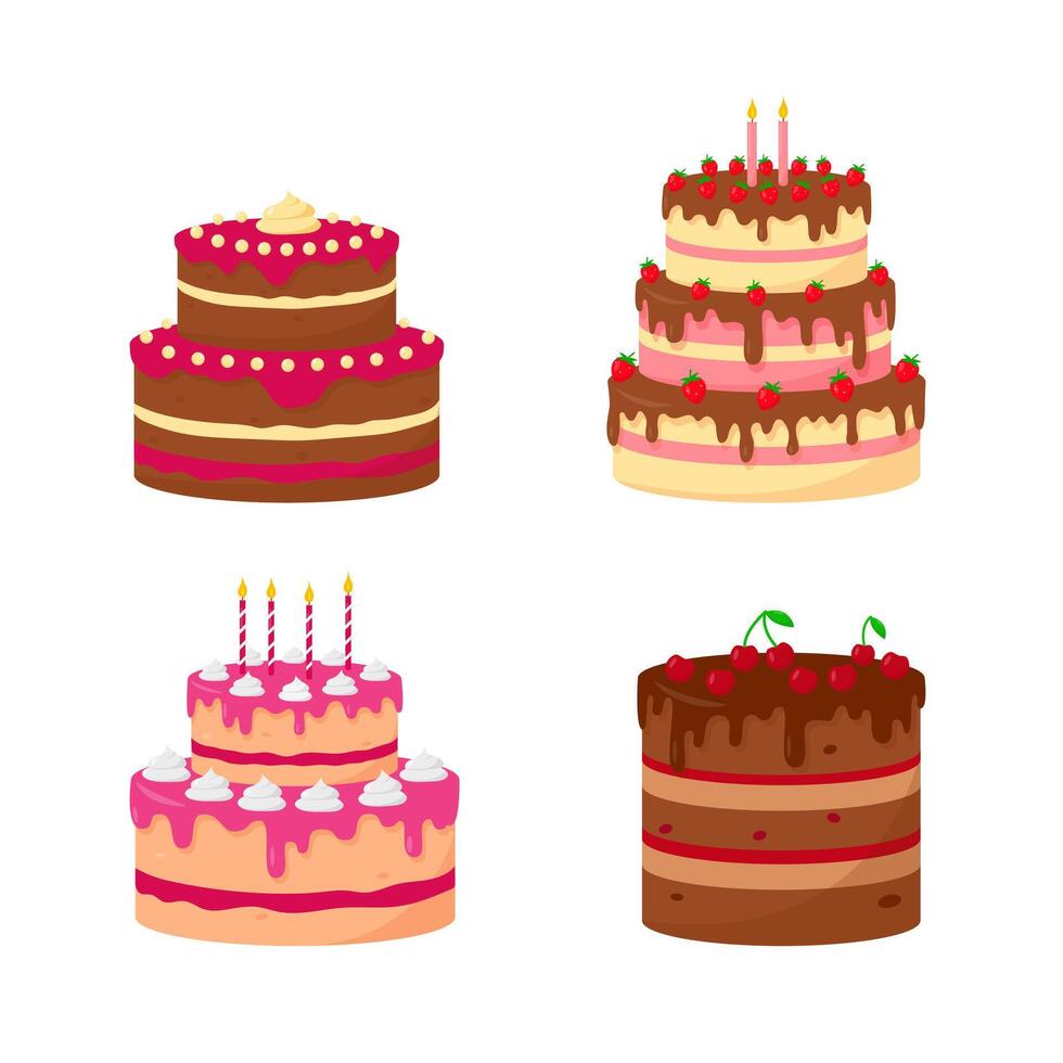 Set of festive or birthday cakes isolated on white background. Cakes with chocolate and berries. Bakery and homemade concept. vector