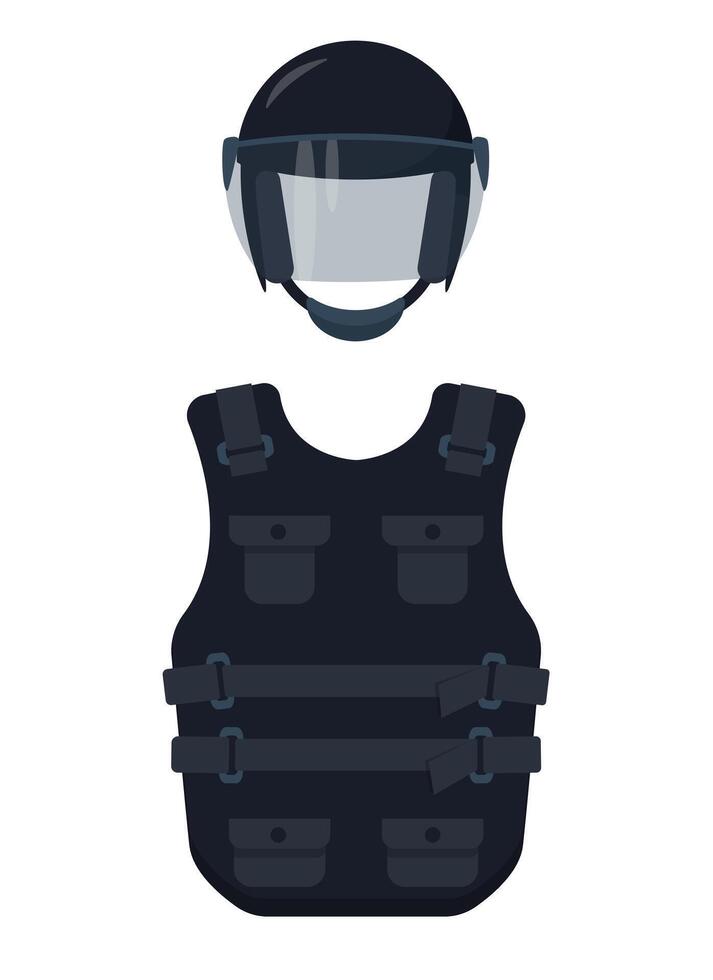 Bulletproof vest and helmet icons isolated on white background. Police or army life saving uniform equipment. vector