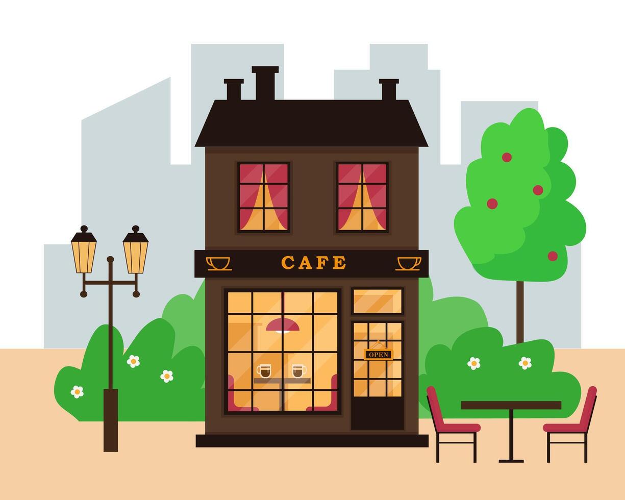 Street cafe building in modern city. Cafe exterior. vector