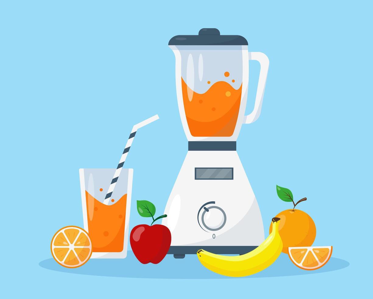 White blender with fruit and glass of juice. vector