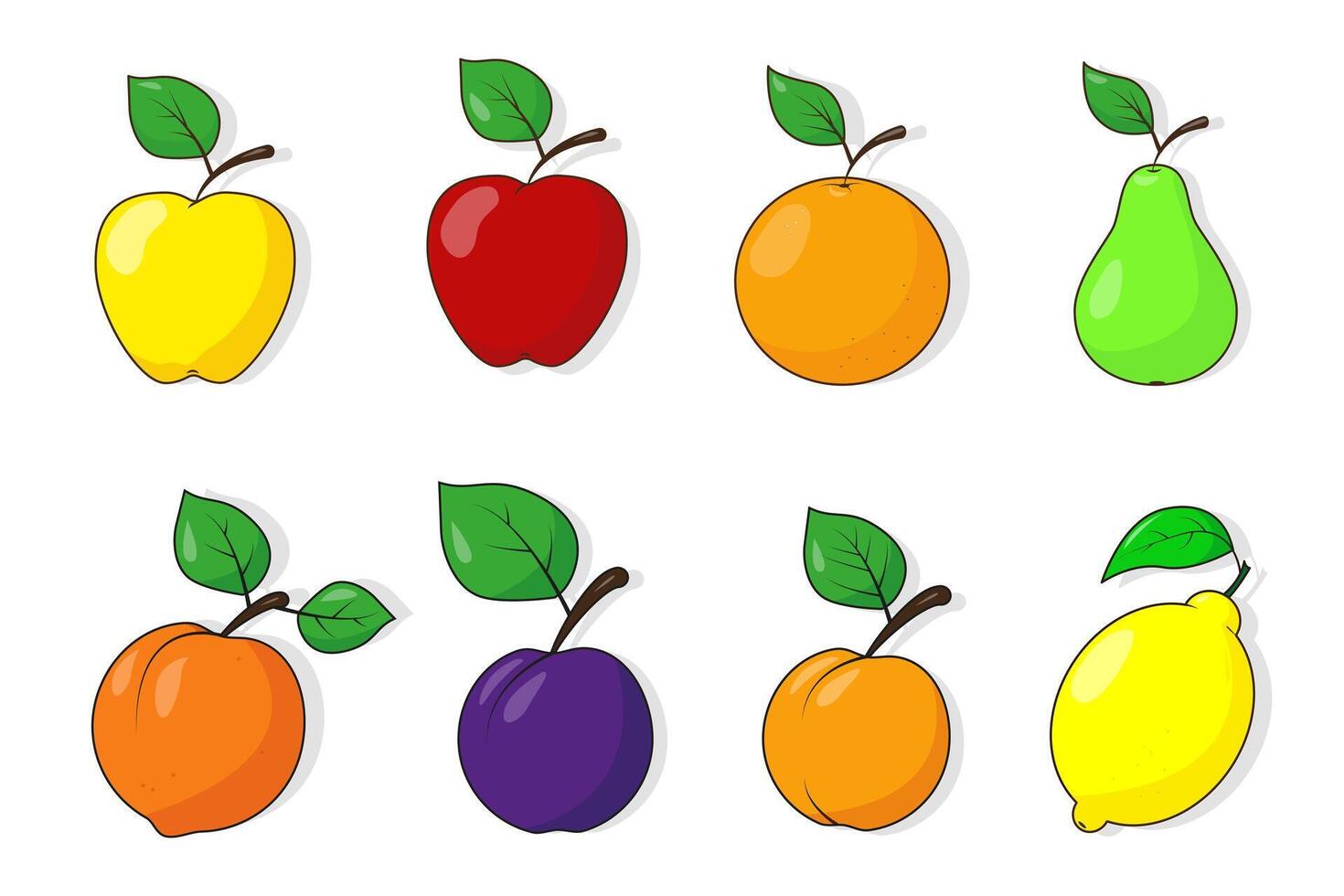 Set of fruits with leaves. Fruit icons on the white background. vector