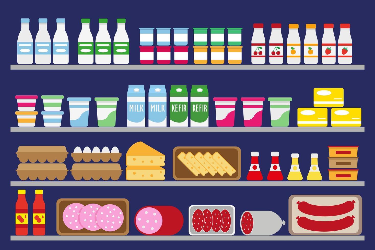 Supermarket shelves with food and drinks. Dairy, eggs and sausage on the refrigerator shelves. vector