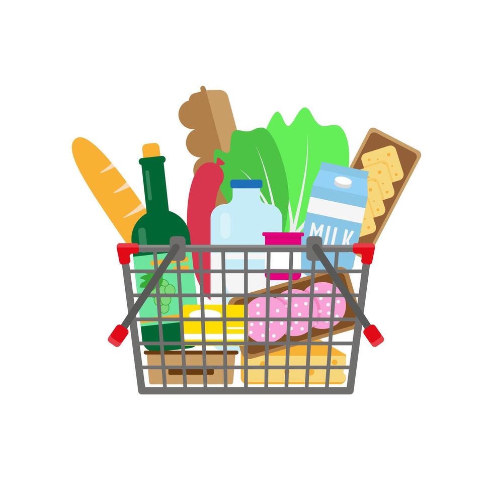 compras cesta lleno de comida y bebidas vector