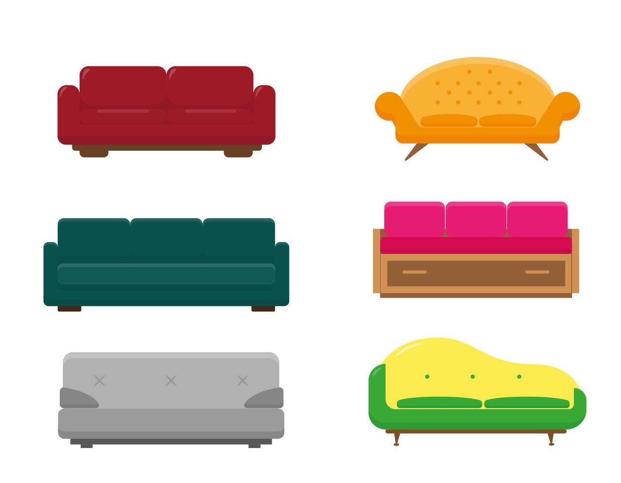 Set of six sofa models. Colorfull collection of sofas vector