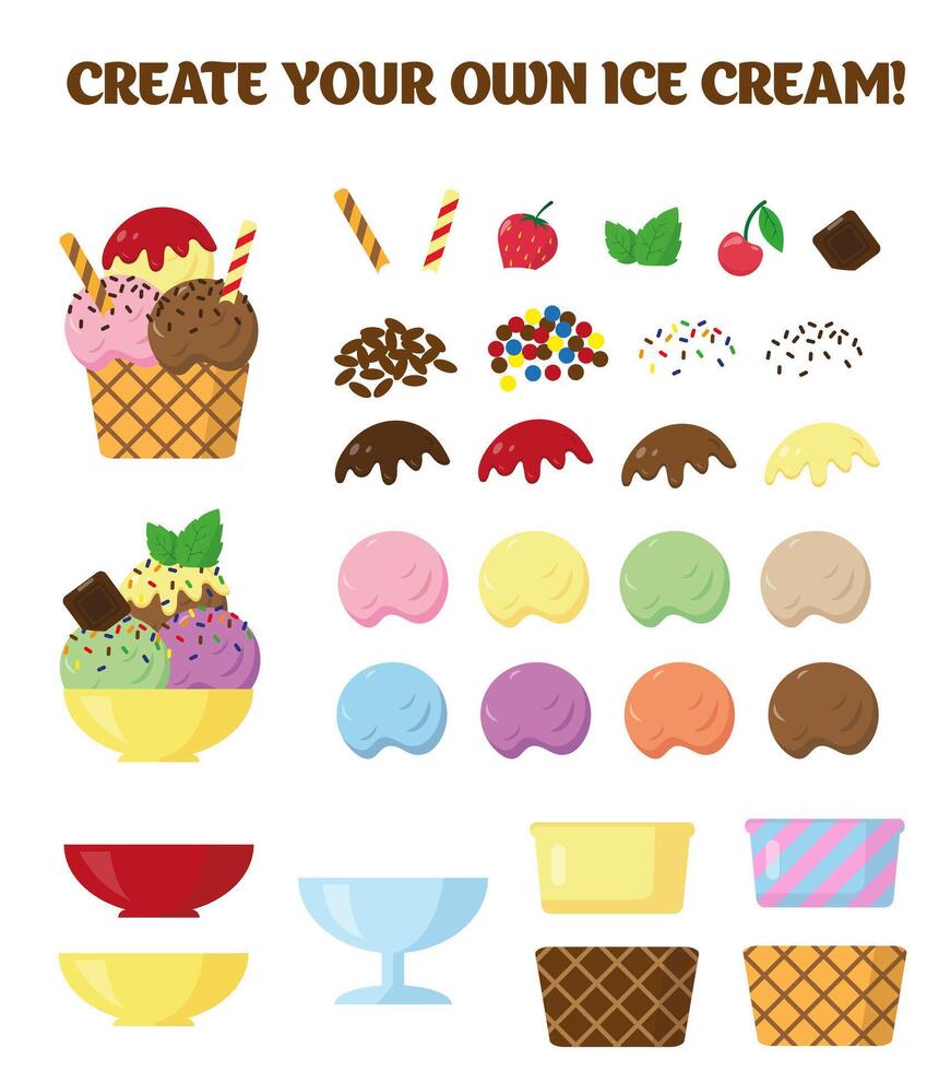 collection of ice cream elements on white background. Parts of ice cream for creating own disign. vector