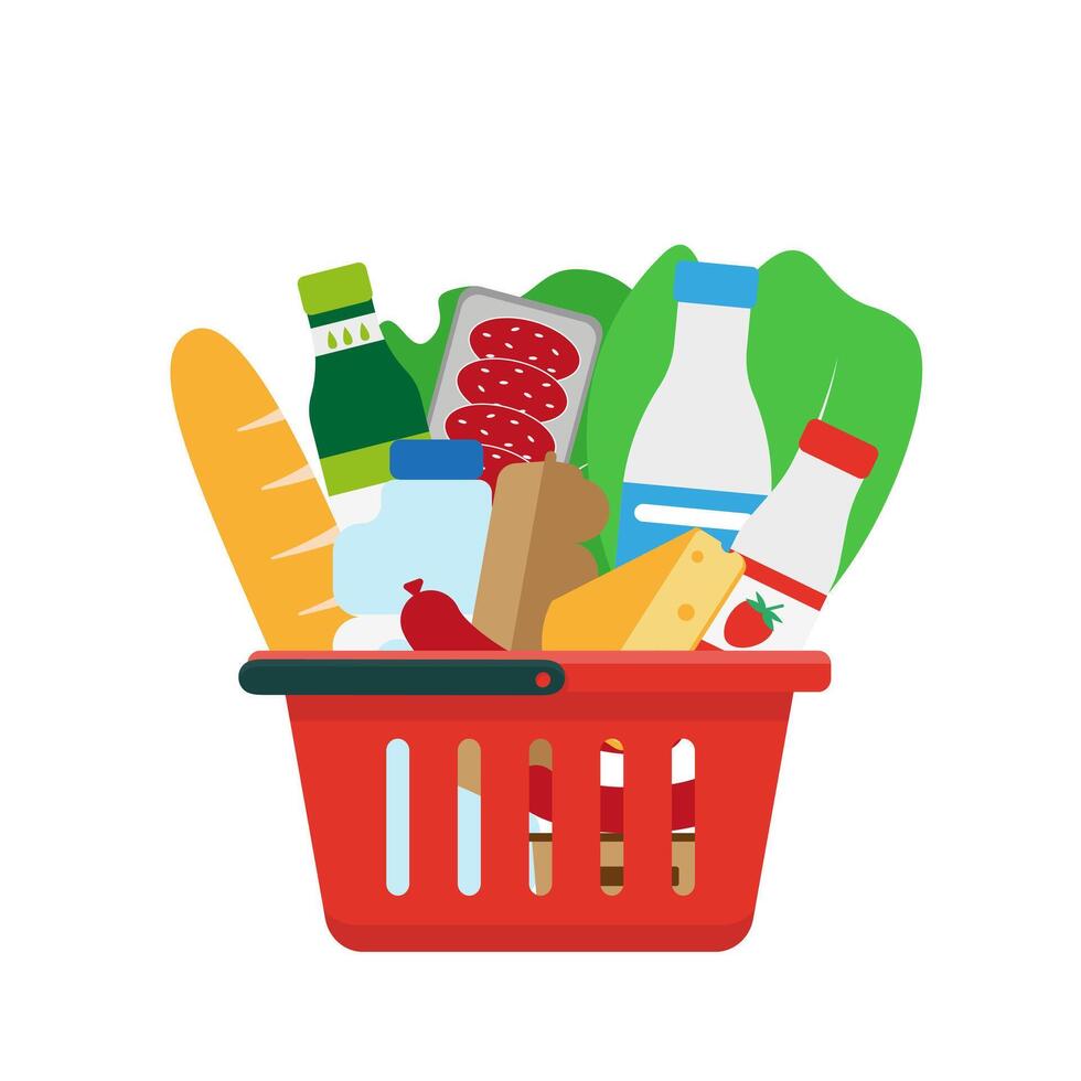 Shopping basket full of products. vector