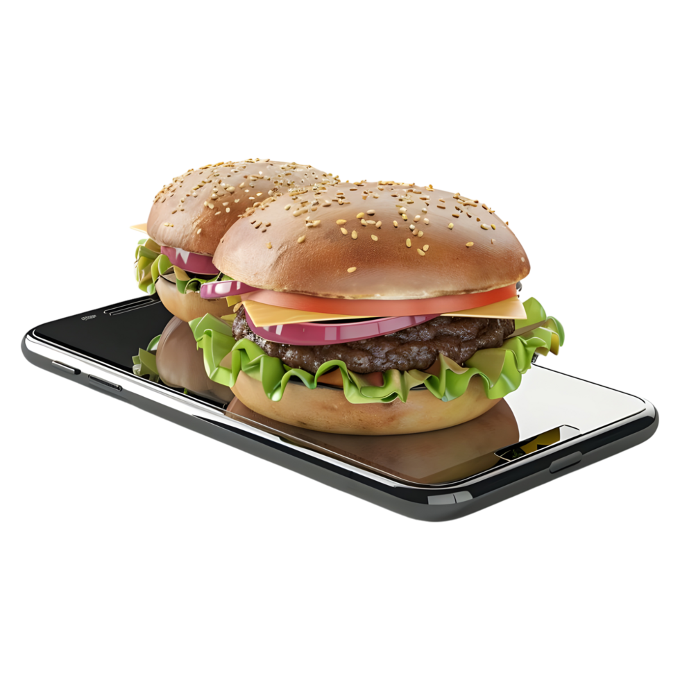 3D Rendering of a Burger on Mobile Phone on Transparent Background - png