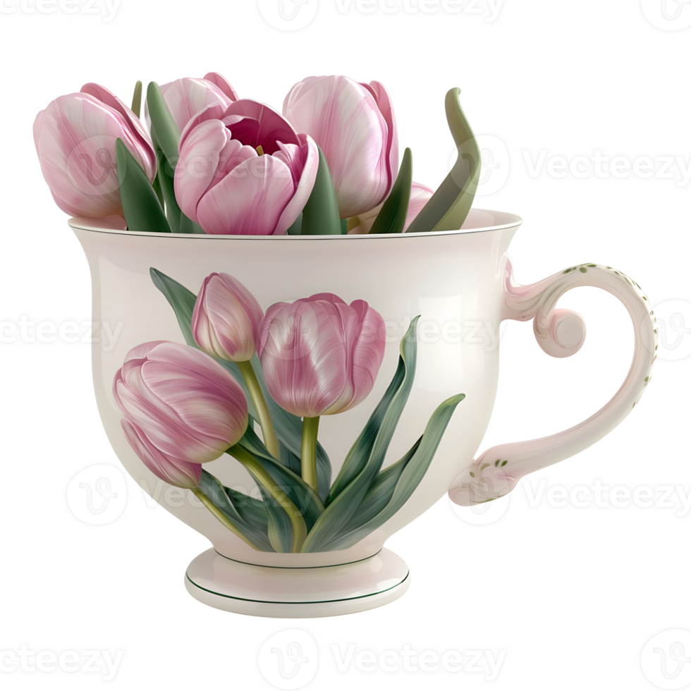 3D Rendering of a Pink Flowers in a Cup on Transparent Background - png