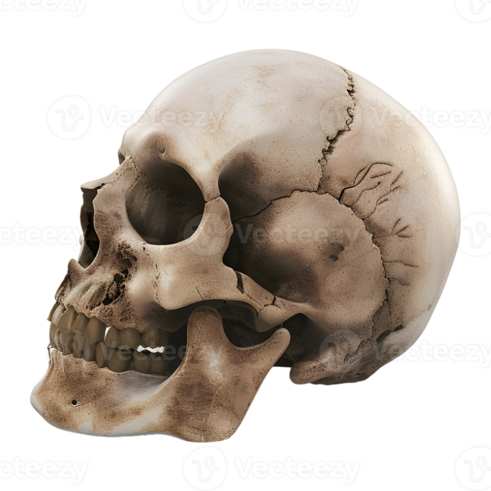 3D Rendering of a Human Skull with Neck Bone on Transparent Background - png
