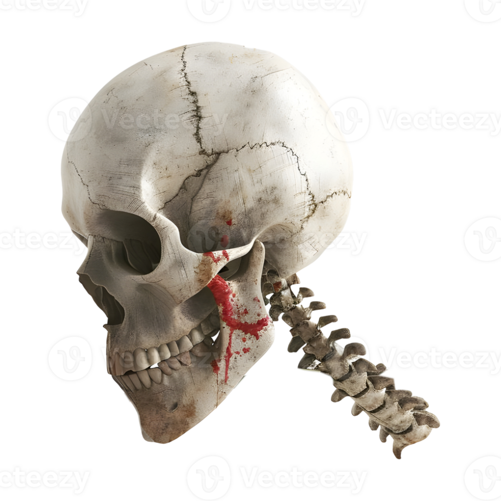 3D Rendering of a Human Skull with Neck Bone on Transparent Background - png