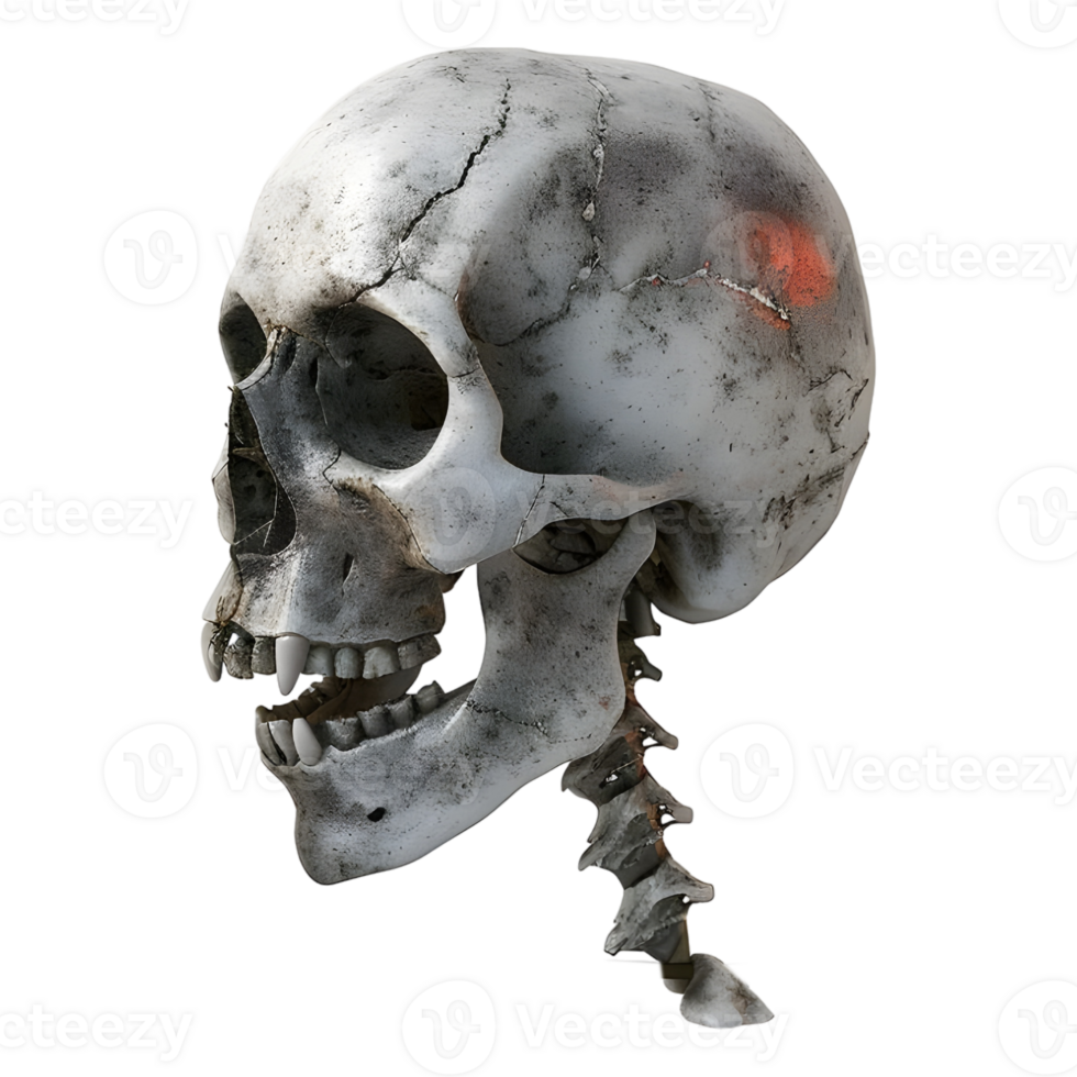 3D Rendering of a Human Skull with Neck Bone on Transparent Background - png