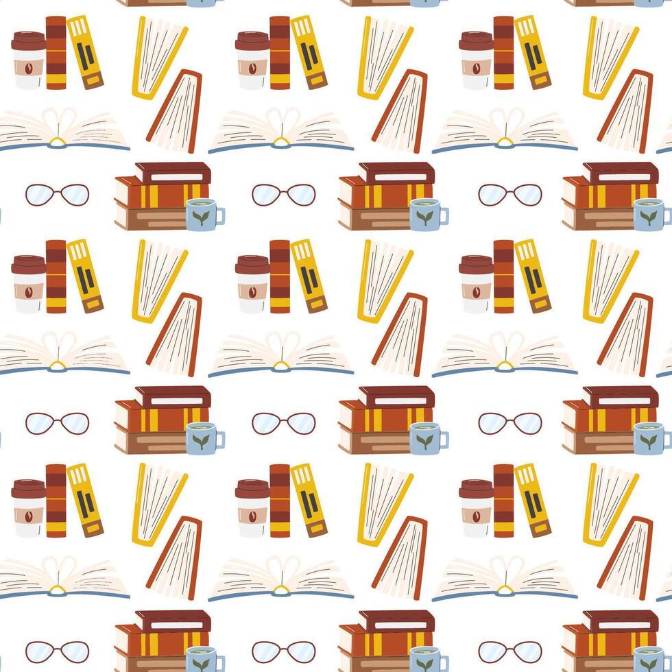 Different books seamless pattern isolated on white. Stack of textbooks with tea mug. Office folders with coffee cup and eyeglasses. Packing paper. World Book Day hand drawn flat illustration vector