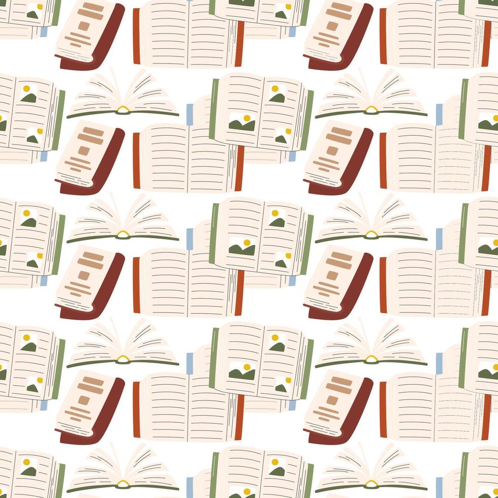 Chaos of opened books repeating background square composition. Education seamless pattern in hand drawn flat style. illustration of messy stack of textbooks. Study and reading concept design vector