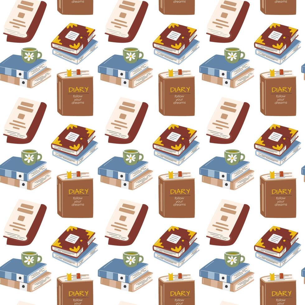 Perspective illustration of diary and office folders. Seamless pattern of books in hand drawn flat style. Textbooks and mug of tea isolated on white. Reading time repeating background design vector