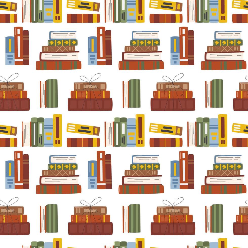 Stack of library books wallpaper background design. Education and knowledge concept. Pile of various textbooks seamless pattern isolated. Bookstore wrapping paper hand drawn flat illustration vector