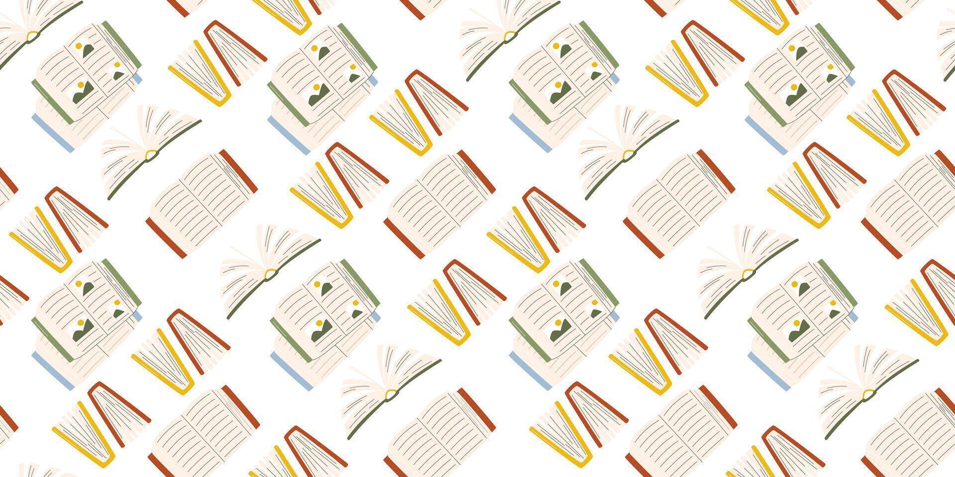 Horizontal repeating background with opened books. Reading time illustration isolated on white. Different textbooks seamless pattern in hand drawn falt style. Wrapping paper design for bookshop vector