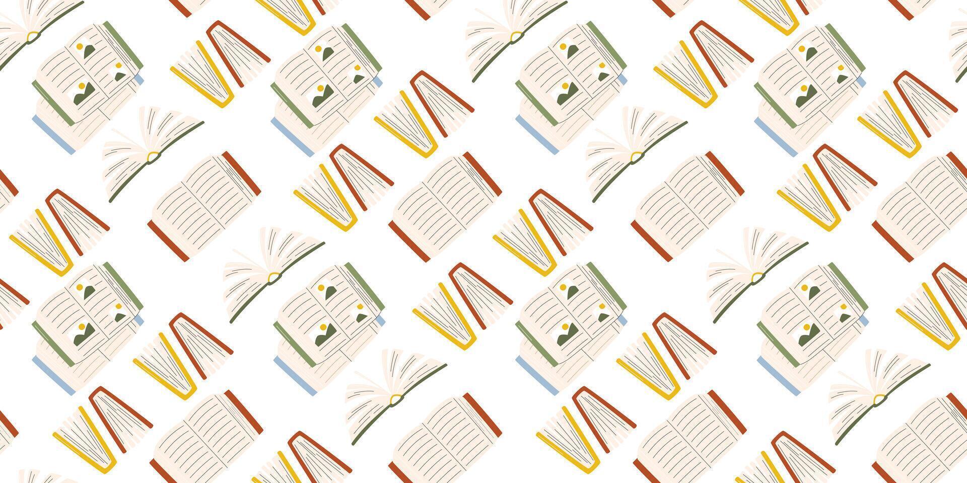 Horizontal repeating background with opened books. Reading time illustration isolated on white. Different textbooks seamless pattern in hand drawn falt style. Wrapping paper design for bookshop vector