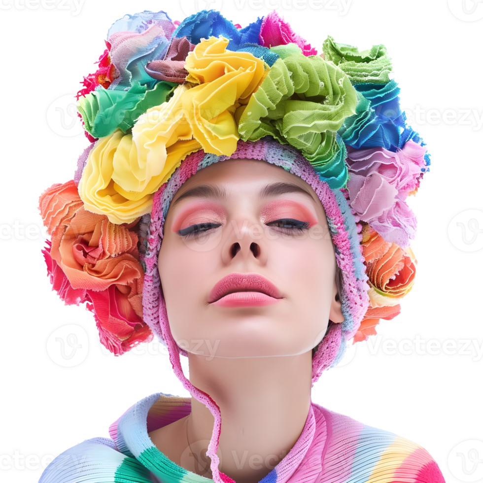 3D Rendering of a Woman Wearing Colorful Clothes on Head on Transparent Background - png