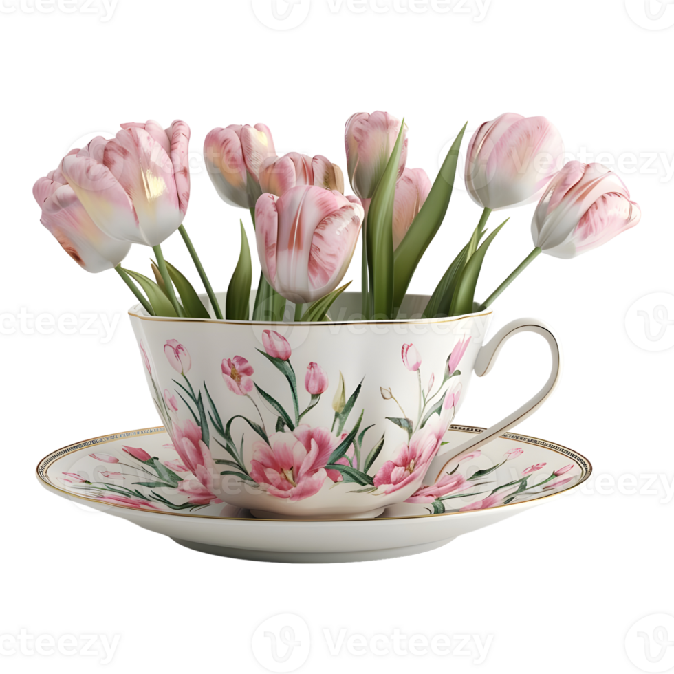 3D Rendering of a Pink Flowers in a Cup on Transparent Background - png