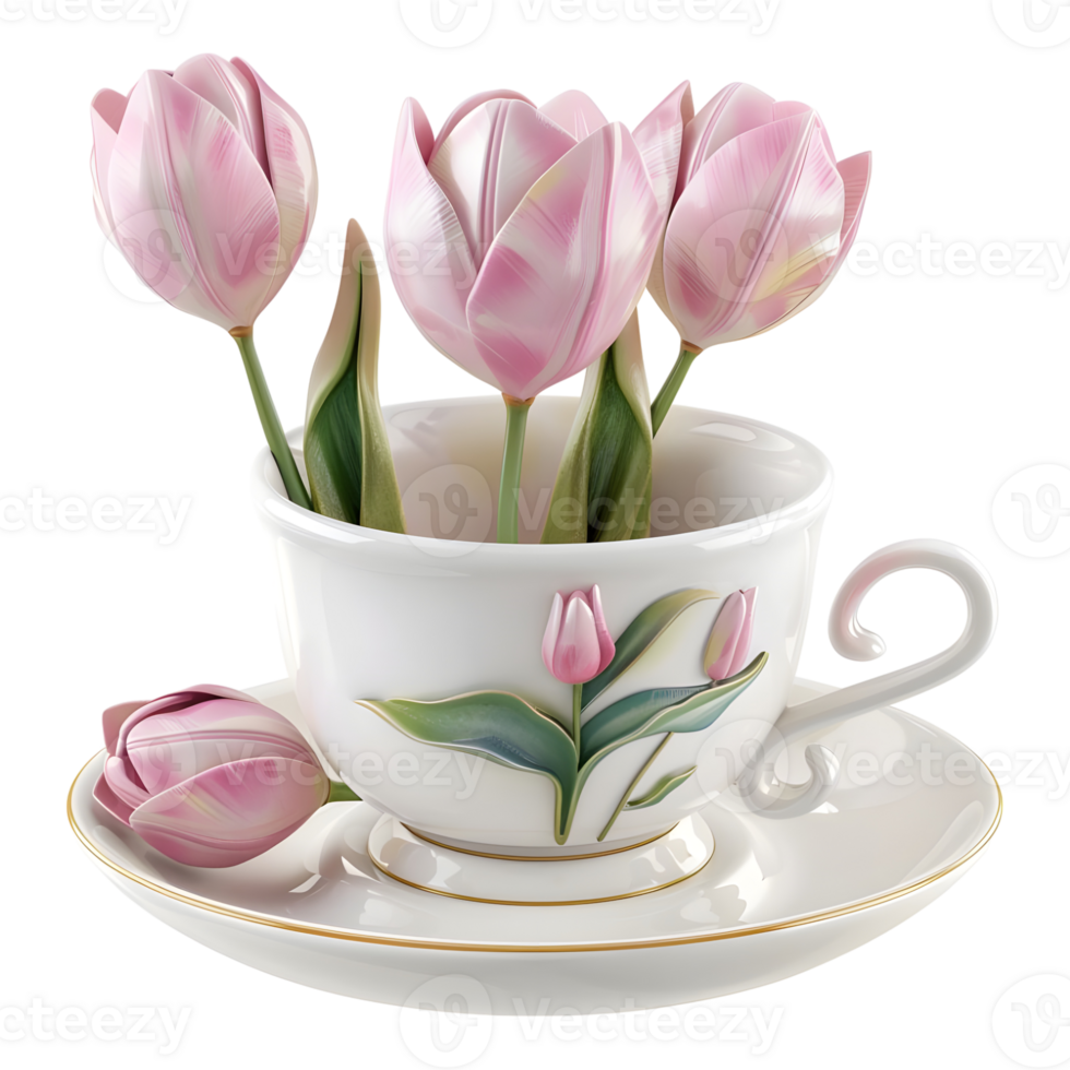 3D Rendering of a Pink Flowers in a Cup on Transparent Background - png