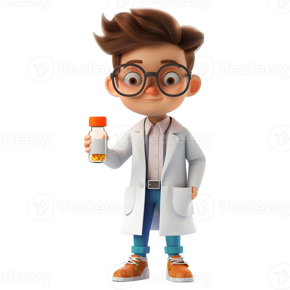 3D Rendering of a Cartoon of Doctor With Bottle In Hands on Transparent Background - png