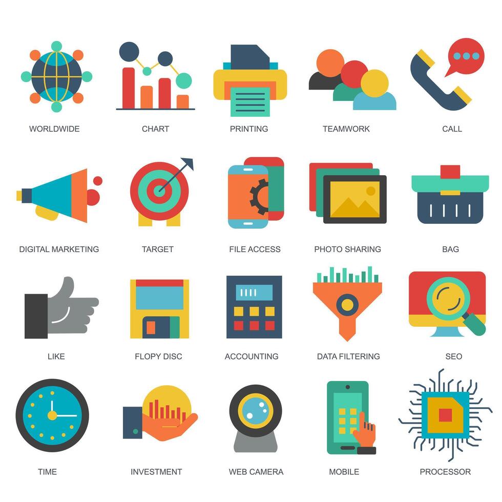 Business and marketing, programming, data management, internet connection, social network, computing, information. Flat illustration vector